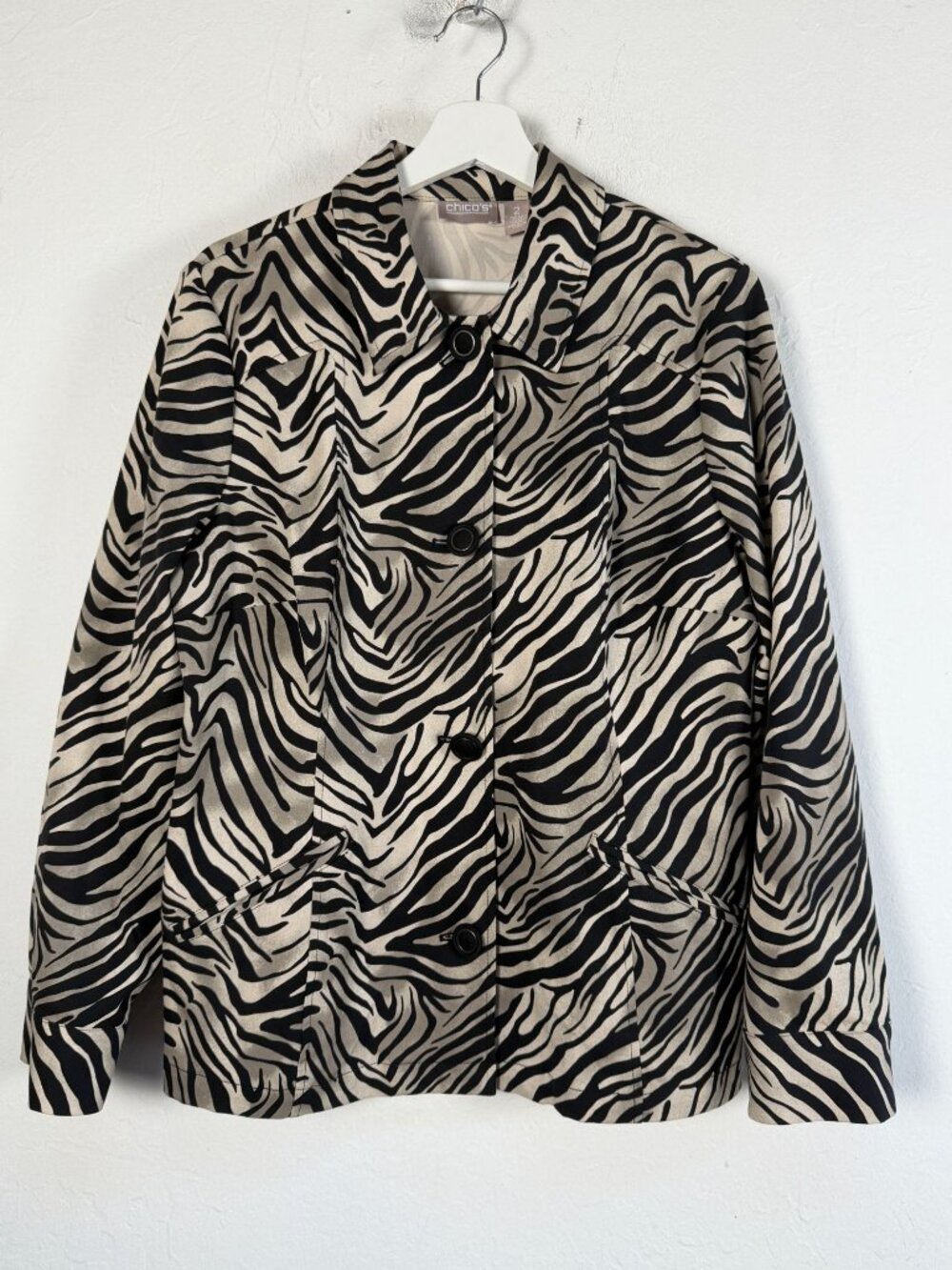 Chico's Women's Zebra Print Button Front Jacket Size 2 Black Beige Cotton Blend
